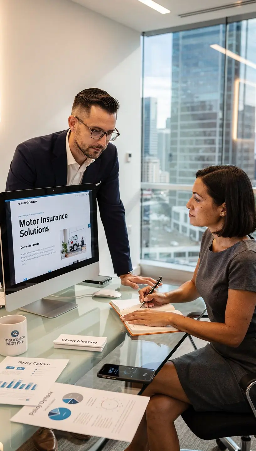 Ilustracja przedstawiająca proces porównywania ofert ubezpieczeń samochodowych na komputerze.