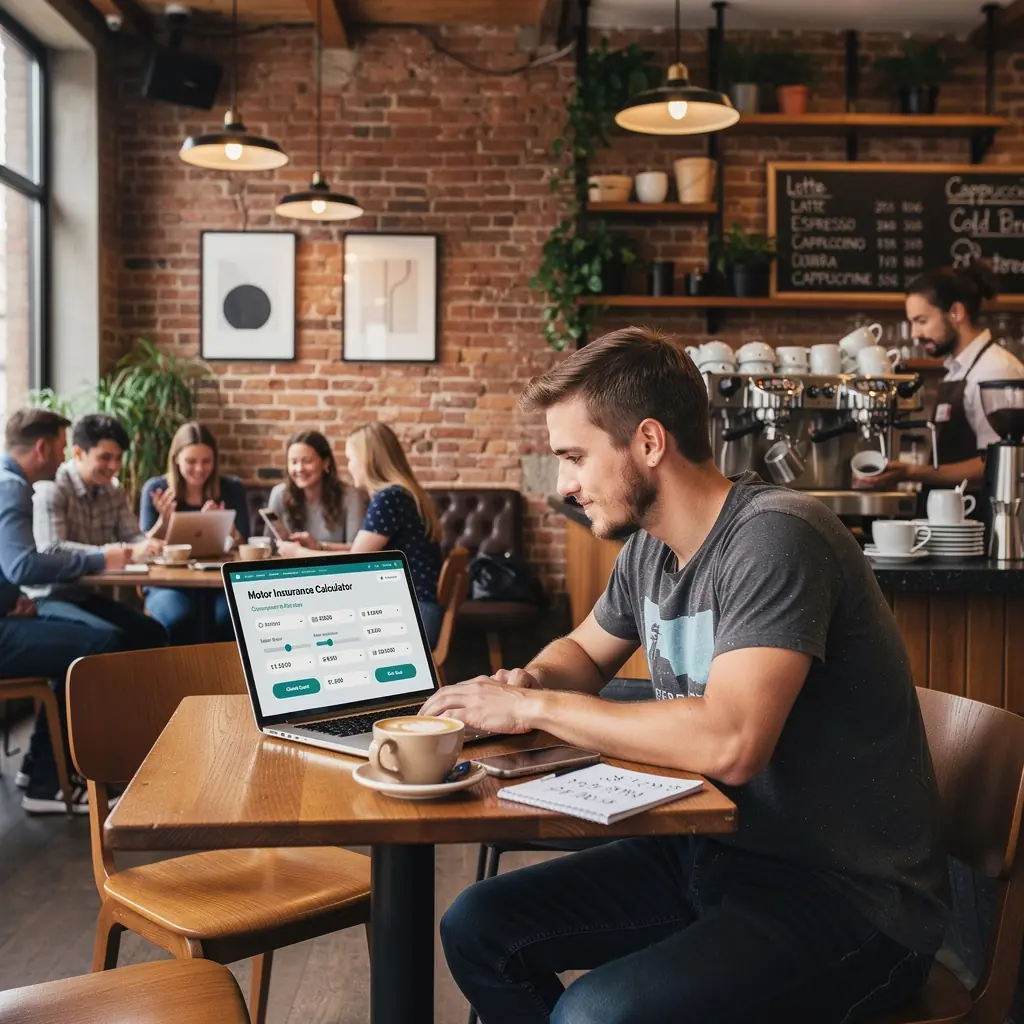 Użytkownik korzystający z internetowego kalkulatora ubezpieczeń komunikacyjnych, porównujący różne oferty.